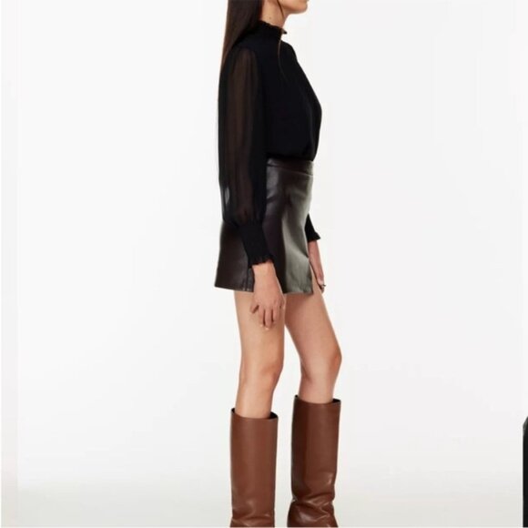 Aritzia Wilfred Valencia Blouse Mock Neck Puff Sleeves Smocking Semi-Sheer Black - Picture 3 of 10